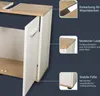 A close-up view of a bathroom vanity cabinet, highlighting its features with callout boxes and text descriptions. Produktbild-Vorschau