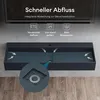 A dark gray washbasin with a diagram showing water flow and drain details, set against a gray tiled floor and a dark background. Produktbild-Vorschau