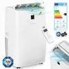 A white portable air conditioner with a remote control and product information labels. Produktbild-Vorschau
