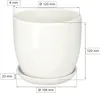 A white ceramic plant pot with a saucer, shown with dimensions indicated by measurement lines and text. Produktbild-Vorschau
