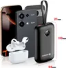 A collection of electronic devices including smartphones, earbuds, and a power bank, with dimensions indicated. Podgląd zdjęcia produktu