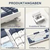 A collage of four close-up images showcasing different features of a white and blue mechanical keyboard. Produktbild-Vorschau