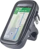 A black smartphone holder for a bicycle handlebar, displaying a navigation app on the phone screen. Voir les images du produit