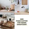 A collage of kitchen scenes and a pizza being cut. Produktbild-Vorschau