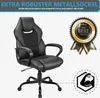A collage showing a black gaming chair, with text overlays and marketing badges highlighting its features and quality. Produktbild-Vorschau