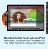 A tablet displaying photo editing software with a woman's photo being edited, alongside a feather graphic. Produktbild-Vorschau