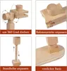 A collage of four images showing different features of a wooden embroidery hoop stand. Produktbild-Vorschau