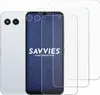 A white smartphone is shown next to several transparent screen protectors. The phone has two cameras on the back and a notch on the front screen. The screen protectors are laid out in front of the phone. Produktbild-Vorschau