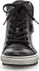 A close-up front view of a black leather high-top sneaker. Produktbild-Vorschau