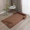 A brown quilted pet mat with raised edges is placed on a wooden floor next to a small white table with a vase of greenery and books. Náhled obrázku produktu