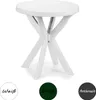 A white plastic round table with a cross-shaped base, shown from a slightly elevated angle. Below the table are three circular swatches representing color options: white, green, and anthracite. Produktbild-Vorschau