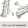 A collage of two close-up shots of a silver metal curtain rod with decorative finials and rings, set against a white background. The bottom of the image contains a text overlay with a marketing slogan. Produktbild-Vorschau