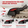 A vacuum cleaner head is shown cleaning a floor and carpet, with diagrams illustrating how to adjust the brush. Produktbild-Vorschau