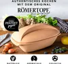 A Römertopf clay pot is displayed on a wooden surface with ingredients like shallots, celery, mushrooms, blueberries, and a lemon. Produktbild-Vorschau