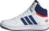 A side view of a white Adidas Hoops Mid 3.0 K sneaker with blue stripes and red accents. Produktbild-Vorschau