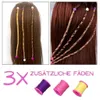 Collage mit geflochtenen Haarfäden in braunem Haar, mit drei Spulen in lila, rosa und gelbem Faden Podgląd zdjęcia produktu
