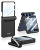 A collage of a black flip phone case with a transparent cover and a stylus. Produktbild-Vorschau