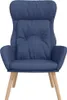 A blue fabric armchair with wooden legs, photographed from the front against a white background. Podgląd zdjęcia produktu