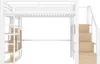 A white metal loft bed with wooden steps and shelves, shown against a white background. Voir les images du produit