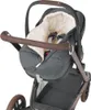 A close-up view of a baby car seat with a fluffy liner, attached to a stroller frame. Produktbild-Vorschau