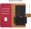 A red and brown flip case for a smartphone, shown open with dimensions and compatibility information. Voir les images du produit
