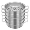 A stainless steel steamer with multiple layers is stacked and displayed against a white background. Podgląd zdjęcia produktu