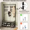 A hallway entrance with a coat rack and shoe bench, featuring product details and safety information. Voir les images du produit