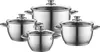 A set of four stainless steel pots with glass lids, arranged in a group on a white background. Náhled obrázku produktu