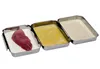 Three stainless steel trays are arranged side-by-side, with a piece of raw meat in the first tray, a beaten egg mixture in the second, and breadcrumbs in the third. Anteprima dell’immagine prodotto
