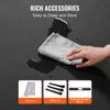 A hand is wiping a dark surface with a gray cloth, showing it is easy to clean. Below are images of accessories. Voir les images du produit