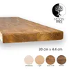 A close-up of a wooden shelf with a logo and color swatches. Produktbild-Vorschau