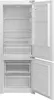 An open, empty white refrigerator with its door ajar, showing shelves and drawers. Produktbild-Vorschau