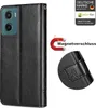 A black flip case for a smartphone, with a close-up of the magnetic closure and embossed design. Produktbild-Vorschau
