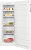 An open upright freezer with various food items inside. Produktbild-Vorschau