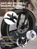 Close-up of an electric bicycle's front wheel and braking system, with text overlays highlighting features. Produktbild-Vorschau