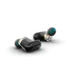 Two black wireless earbuds with teal ear tips are shown on a white background. Produktbild-Vorschau