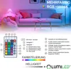 A living room scene with a sofa, lamp, and beanbag chair, illuminated by colorful LED lights. A remote control is shown with a diagram explaining its functions. Produktbild-Vorschau