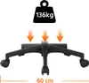 A close-up view of the base of an office chair, showing its five-star base with wheels, with arrows indicating downward pressure and a weight capacity. Produktbild-Vorschau