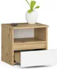 A wooden nightstand with a white drawer front, a shelf, and an open drawer. A white vase with a green plant is on top. Anteprima dell’immagine prodotto