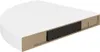 A cross-section of a white, quarter-circle shaped shelf, showing its internal structure and mounting bracket. Voir les images du produit