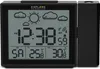 A black digital alarm clock with a projection feature, displaying the time, date, and weather information. Produktbild-Vorschau