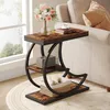A side table with a wooden top and black metal frame, placed next to a sofa in a living room. Produktbild-Vorschau