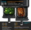 A dual-chamber air fryer with food in each chamber, showcasing its features. Produktbild-Vorschau