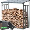 A firewood storage rack filled with firewood, along with a cover and an oven mitt.