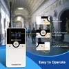 A white wireless transmitter device is shown in the foreground, with a blurred background of people walking in a museum or large hall. Overlay graphics and text explain the device's functions. Produktbild-Vorschau