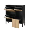 A black shoe cabinet with wood-effect flip-down doors and a pull-out seat, shown against a white background. Podgląd zdjęcia produktu