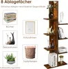A tall, narrow, multi-shelf bookcase with a rustic wood finish, displaying various decorative items and books. The image also includes smaller inset images showcasing different items that can be stored on the shelves, such as books, picture frames, decorat Náhled obrázku produktu