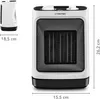 A white and black ceramic heater is shown with dimensions indicated. Podgląd zdjęcia produktu