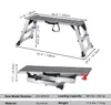 Collage of a foldable work platform, showing its extended and folded states with dimensions and specifications. Podgląd zdjęcia produktu