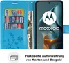 A blue flip-style phone case with card slots and a bill compartment is shown open, revealing credit cards and US currency. A Motorola smartphone is displayed within the case, showing the Motorola logo and branding. Produktbild-Vorschau